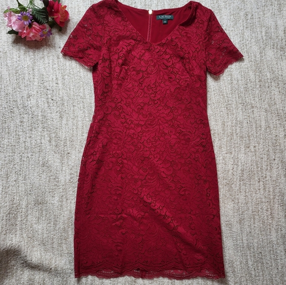 Lauren Ralph Lauren Dresses & Skirts - Ralph Lauren red lace short sleeve midi dress